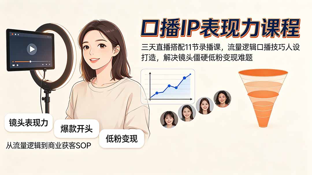 口播IP表现力课程|三天直播搭配11节录播课,流量逻辑口播技巧人设打造,解决镜头僵硬低粉变现难题-泱泱学习社