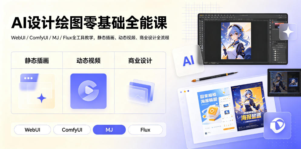 AI设计绘图零基础全能课|WebUI/ComfyUI/MJ/Flux全工具教学,静态插画、动态视频、商业设计全流程-泱泱学习社