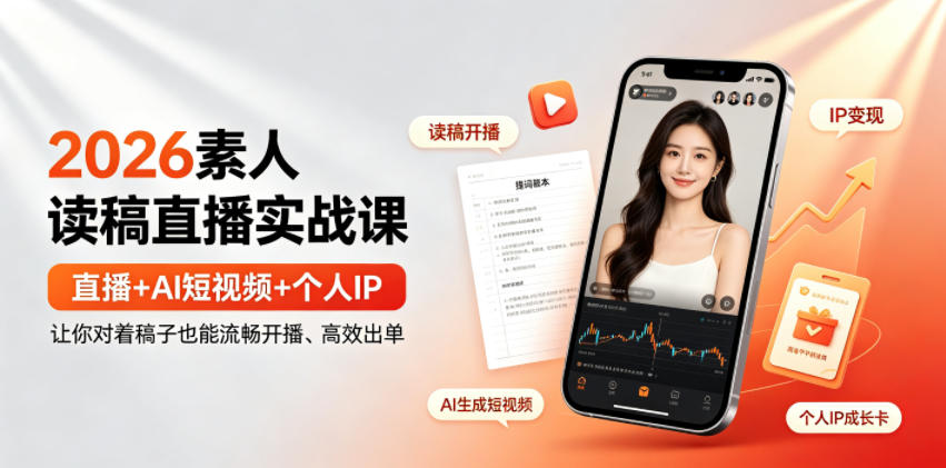 2026素人读稿直播实战课|直播+AI短视频+个人IP,让你对着稿子也能流畅开播、高效出单-泱泱学习社