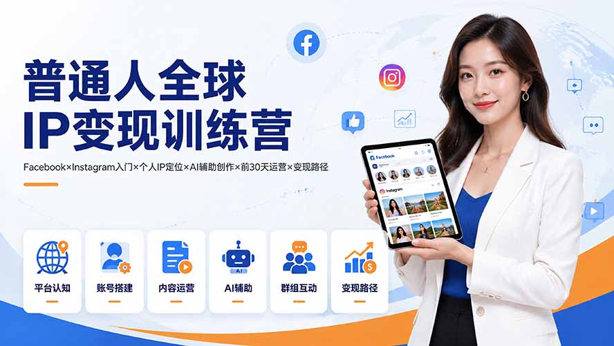 普通人全球IP变现训练营：Facebook×Instagram入门×个人IP定位×AI辅助创作×前30天运营×变现路径-泱泱学习社