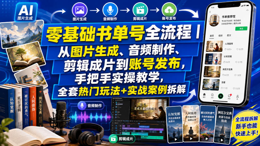 零基础书单号全流程｜从图片生成、音频制作、剪辑成片到账号发布，手把手实操教学，全套热门玩法+实战案例拆解-泱泱学习社