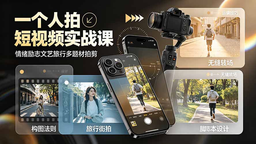 一个人拍短视频实战课:情绪励志文艺旅行多题材×五大景别×黄金构图×八大运镜,从拍摄到成片高效创作-泱泱学习社