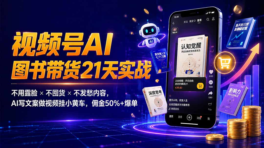 繁花视频号AI图书带货21天实战：不用露脸×不囤货×不发愁内容，AI写文案做视频挂小黄车，佣金50%+爆单-泱泱学习社