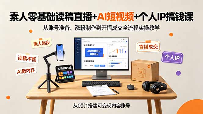 素人零基础读稿直播+AI短视频+个人IP搞钱课,从账号准备、涨粉制作到开播成交全流程实操教学-泱泱学习社