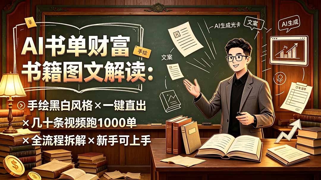 AI书单财富书籍图文解读:手绘黑白风格×一键直出×几十条视频跑1000单×全流程拆解×新手可上手-泱泱学习社