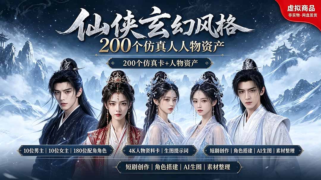200个仙侠玄幻仿真人素材◆10男主×10女主×180配角，4K资料卡+AI生图提示词，漫剧必备-泱泱学习社