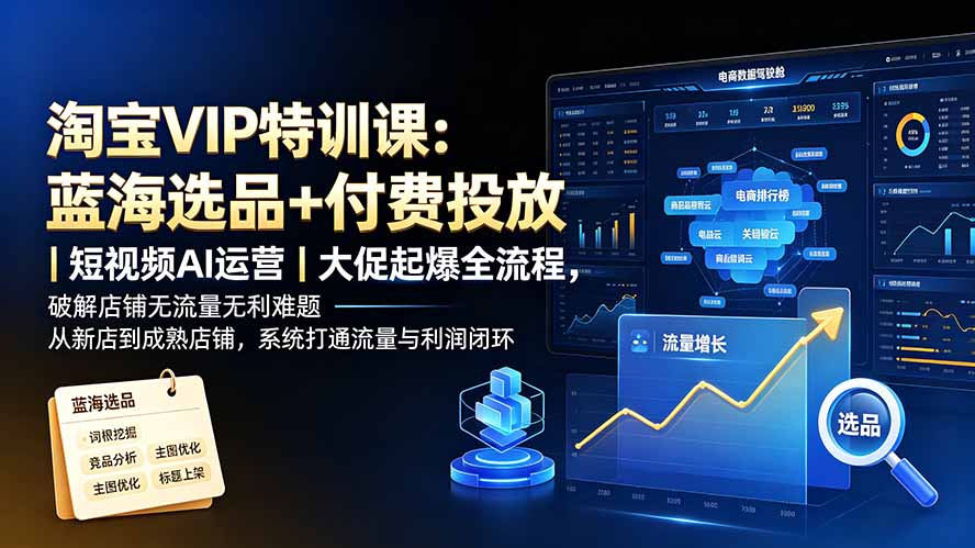 淘宝VIP特训课：蓝海选品+付费投放｜短视频AI运营｜大促起爆全流程，破解店铺无流量无利润难题-泱泱学习社