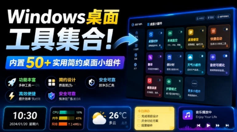 Windows桌面工具集合！内置50+实用简约桌面小组件，含截图、录屏、翻译、天气等，多秘工具箱-泱泱学习社
