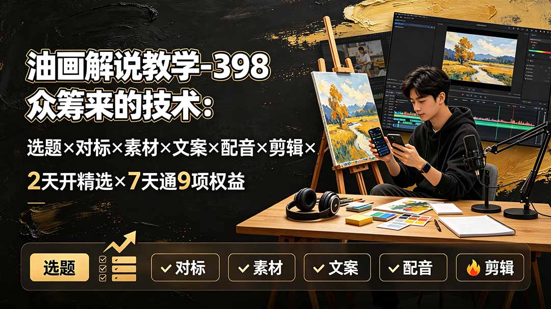 油画解说教学-398众筹来的技术:选题×对标×素材×文案×配音×剪辑×2天开精选×7天通9项权益-泱泱学习社