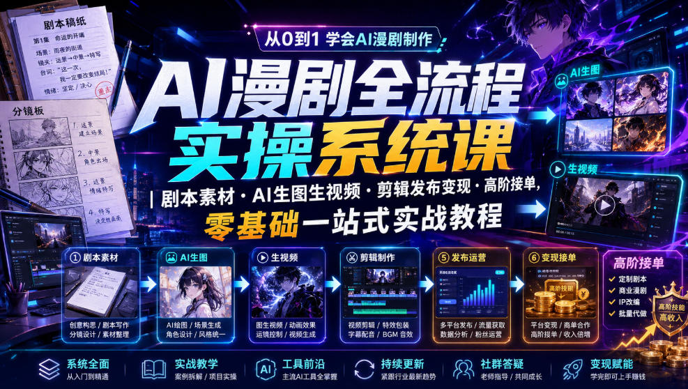 AI漫剧全流程实操系统课|剧本素材・AI生图生视频・剪辑发布变现・高阶接单,零基础一站式实战教程-泱泱学习社