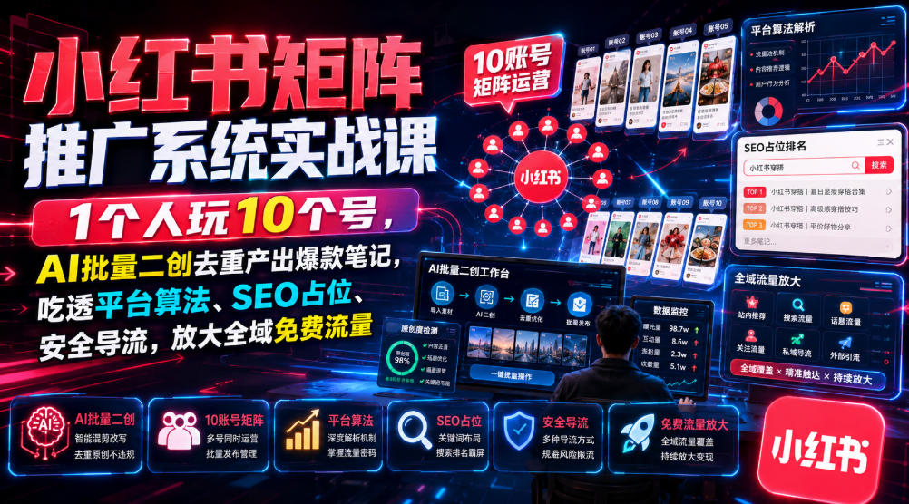 小红书矩阵推广系统实战课｜1个人玩10个号，AI批量二创去重产出爆款笔记，吃透平台算法、SEO占位、安全导流，放大全域免费流量-泱泱学习社