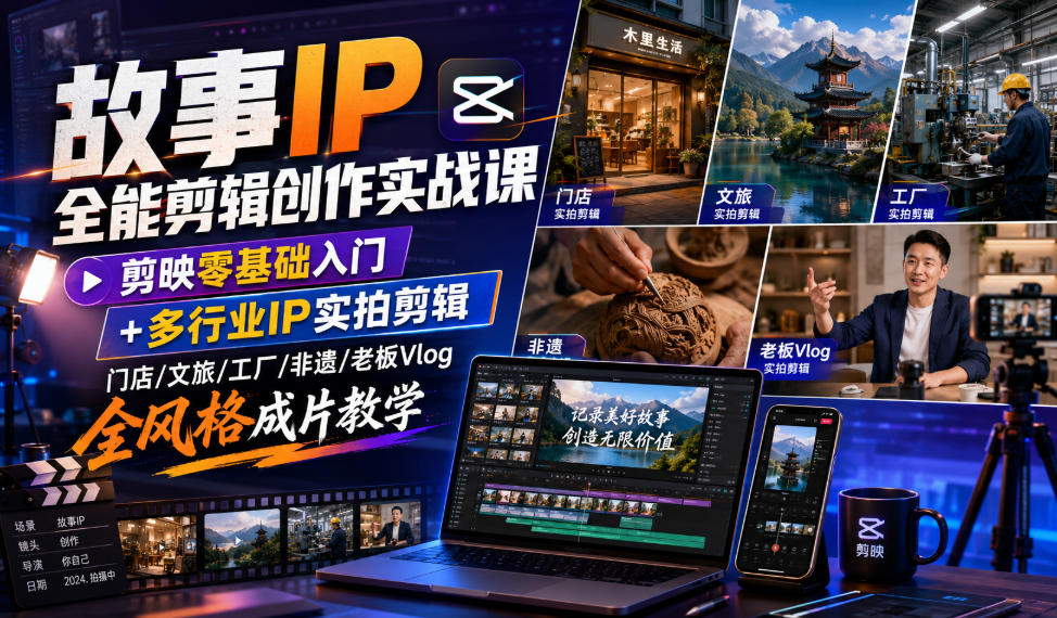故事IP全能剪辑创作实战课|剪映零基础入门+多行业IP实拍剪辑,门店/文旅/工厂/非遗/老板Vlog全风格成片教学-泱泱学习社