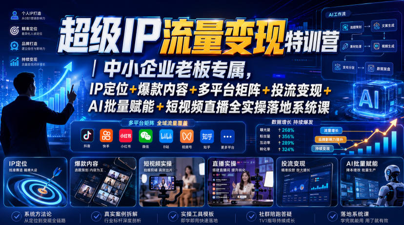 超级IP流量变现特训营｜中小企业老板专属，IP定位+爆款内容+多平台矩阵+投流变现+AI批量赋能+短视频直播全实操落地系统课-泱泱学习社