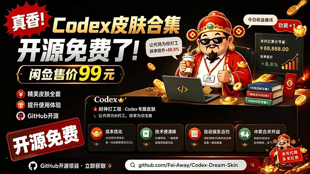 闲鱼售卖99元的Codex皮肤包,GitHub 免费开源了!让你的codex变成精美界面 Codex Dream Skin-泱泱学习社