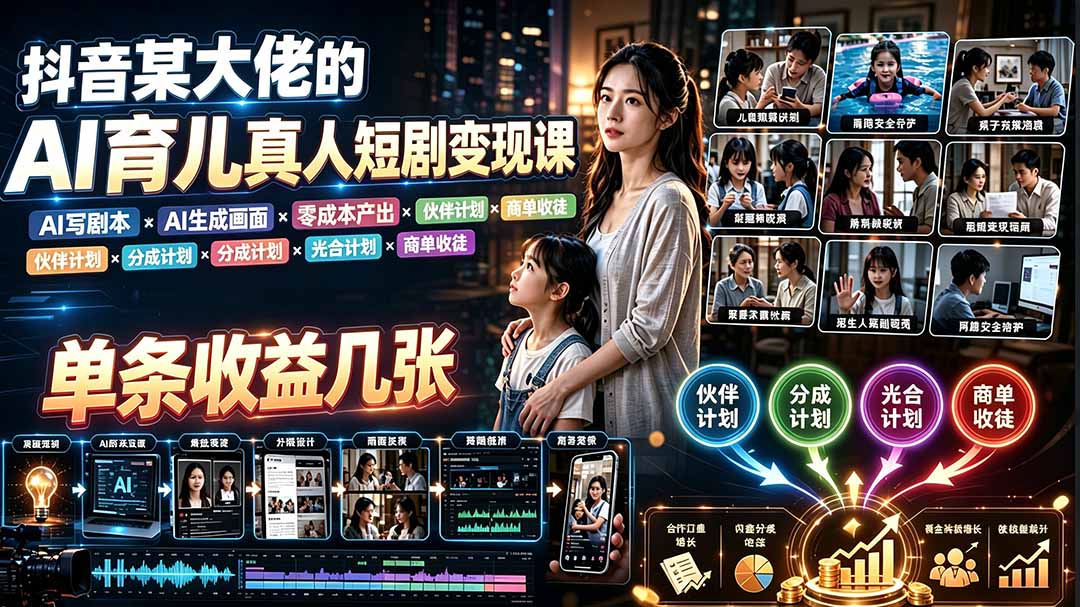AI育儿真人短剧变现课：AI写剧本×AI生成画面×零成本产出×伙伴计划×分成计划×光合计划×商单收徒-泱泱学习社