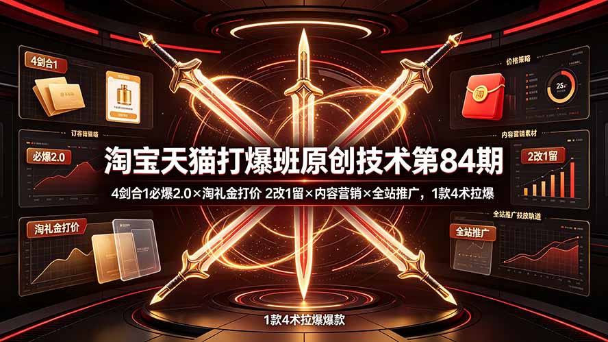 淘宝天猫打爆班原创技术第84期:4剑合1必爆2.0×淘礼金打价×2改1留×内容营销×全站推广,1款4术拉爆-泱泱学习社