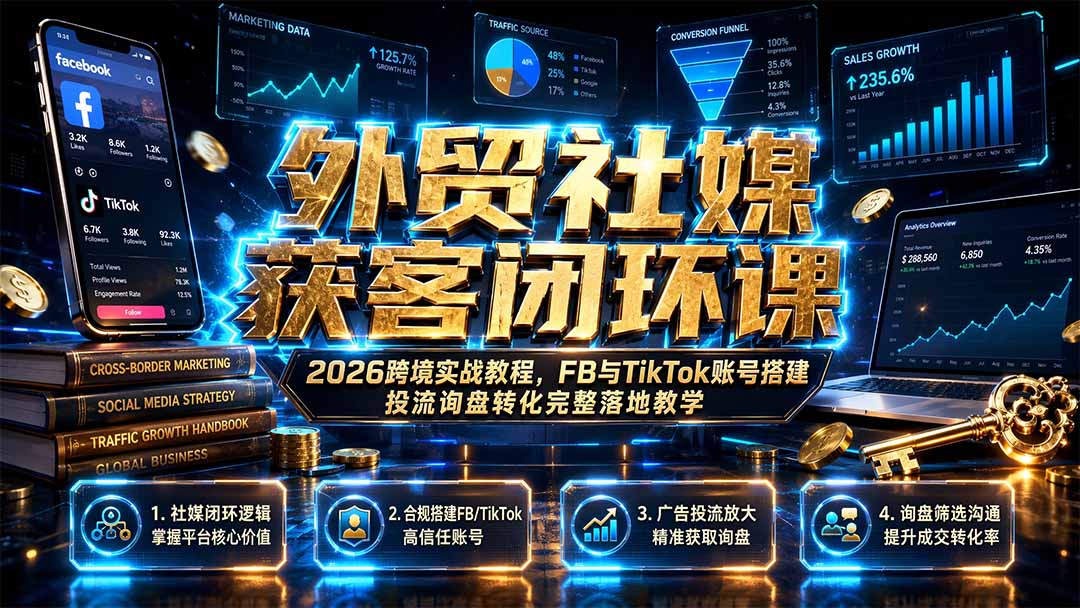 外贸社媒获客闭环课|2026跨境实战教程,FB与TikTok账号搭建投流询盘转化完整落地教学-泱泱学习社