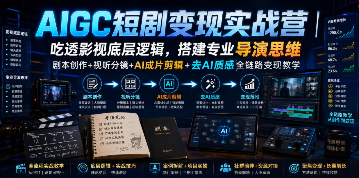 AIGC短剧变现实战营|吃透影视底层逻辑,搭建专业导演思维,剧本创作+视听分镜+AI成片剪辑+去AI质感全链路变现教学-泱泱学习社