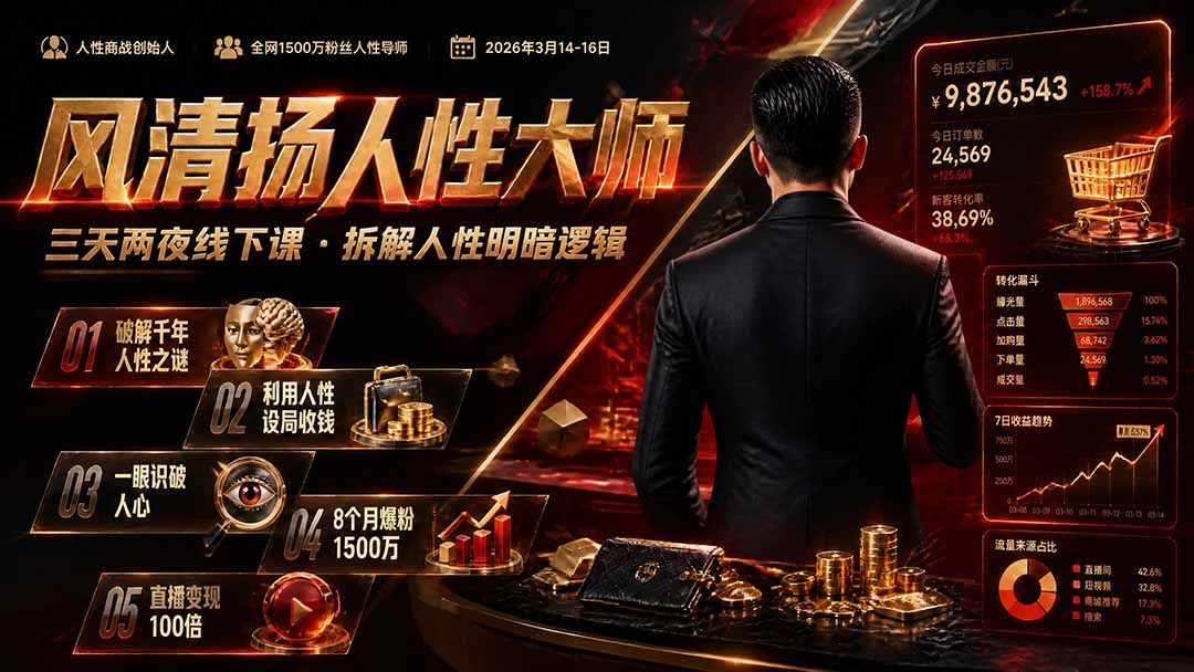 风清扬人性大师-三天两夜3月14-16线下课2026年|拆解人性明暗逻辑,识人避坑,千万粉涨粉+直播百倍变现实战教学-泱泱学习社