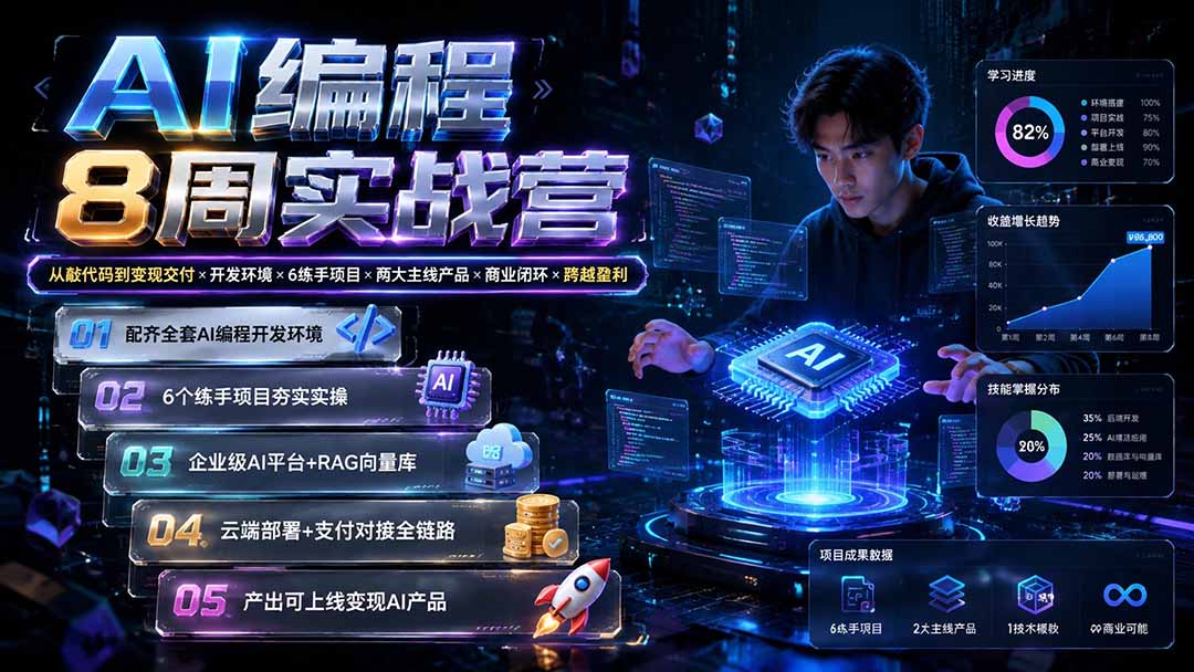 AI编程8周实战营:从敲代码到变现交付×开发环境×6练手项目×两大主线产品×商业闭环×跨越盈利-泱泱学习社