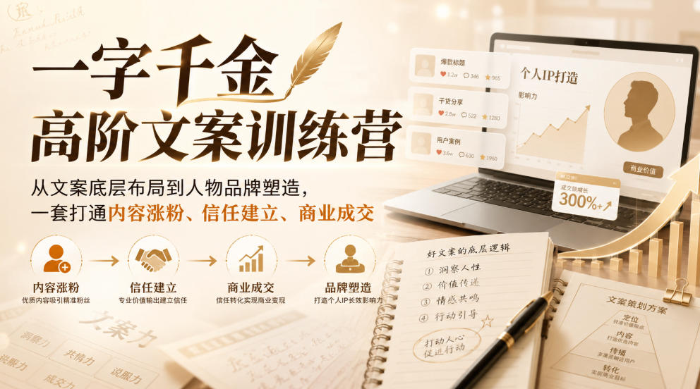 一字千金高阶文案训练营,从文案底层布局到人物品牌塑造,一套打通内容涨粉、信任建立、商业成交-泱泱学习社