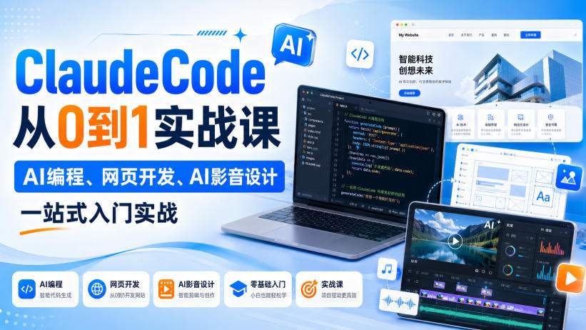 ClaudeCode从0到1实战课,AI编程、网页开发、AI影音设计一站式入门实战-泱泱学习社