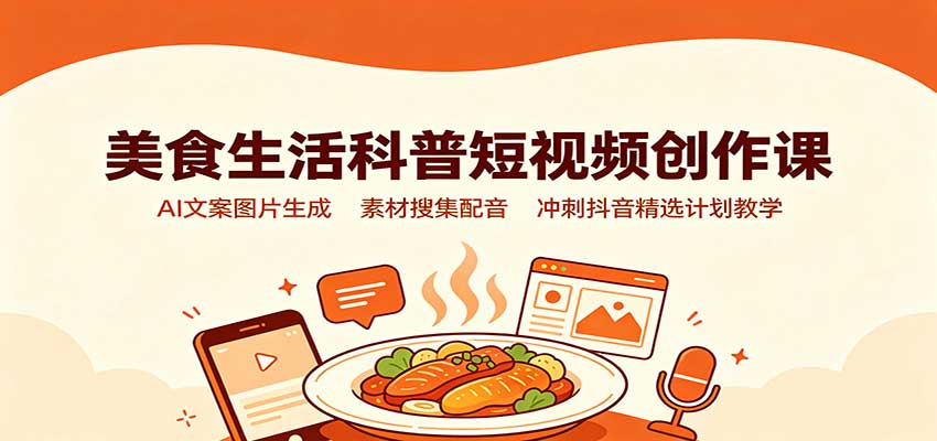 美食生活科普短视频创作课:AI文案图片生成,素材搜集配音,冲刺抖音精选计划教学-泱泱学习社