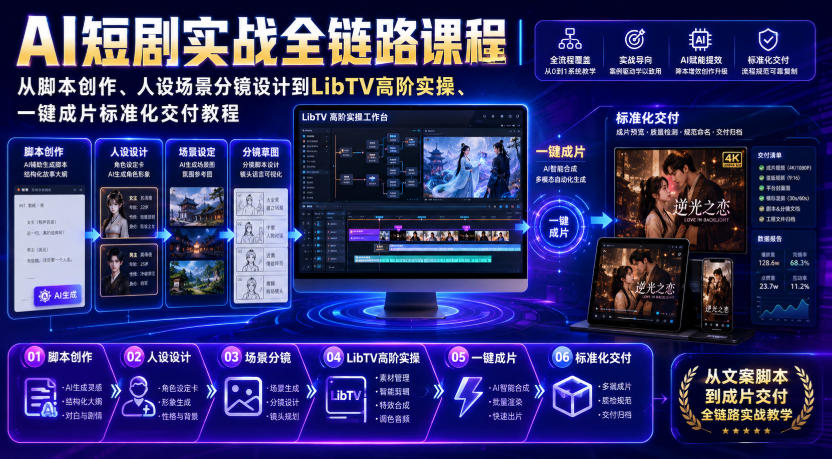 AI短剧实战全链路课程|从脚本创作、人设场景分镜设计到LibTV高阶实操、一键成片标准化交付教程-泱泱学习社
