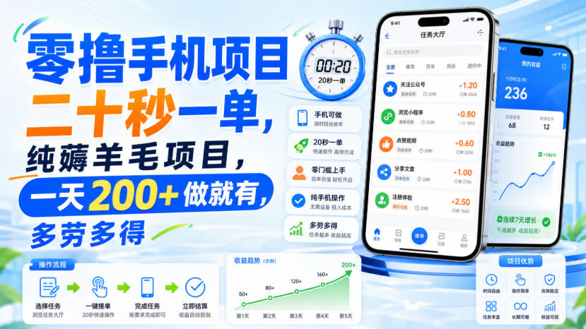 零撸手机项目,二十秒一单,纯薅羊毛项目,一天200+做就有,多劳多得【揭秘】-泱泱学习社