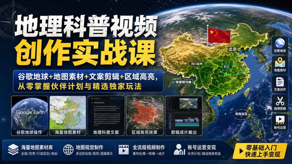 地理科普视频创作实战课:谷歌地球+地图素材+文案剪辑+区域高亮,从零掌握伙伴计划与精选独家玩法-泱泱学习社