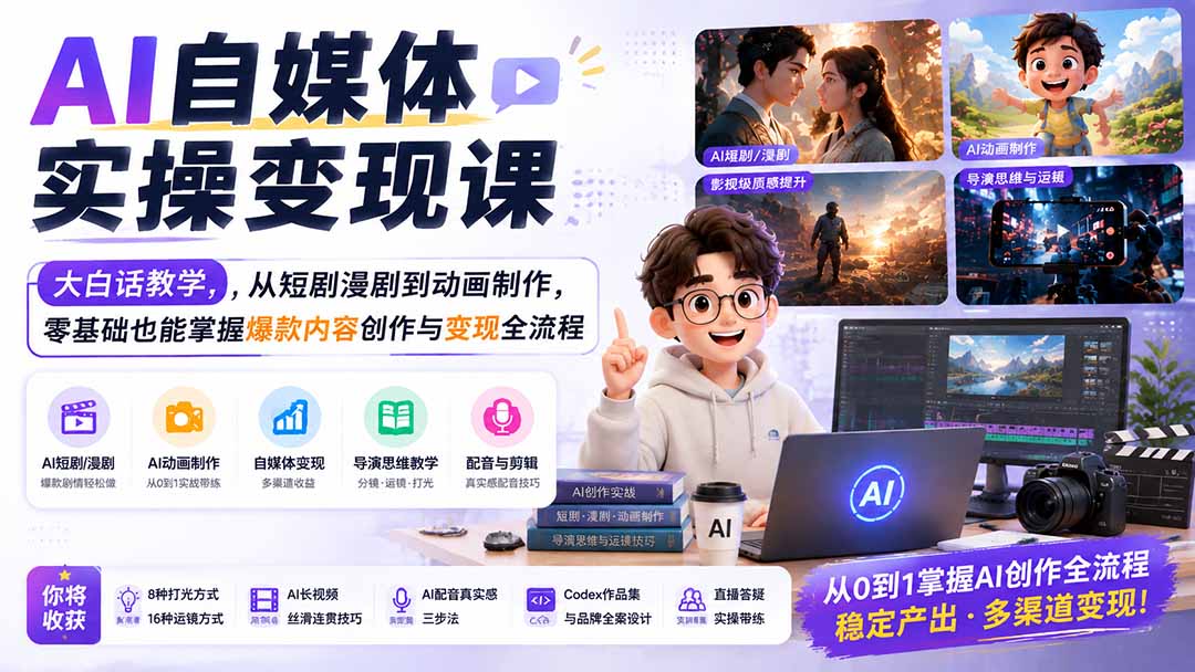 AI自媒体实操变现课|大白话教学,从短剧漫剧到动画制作,零基础也能掌握爆款内容创作与变现全流程-泱泱学习社