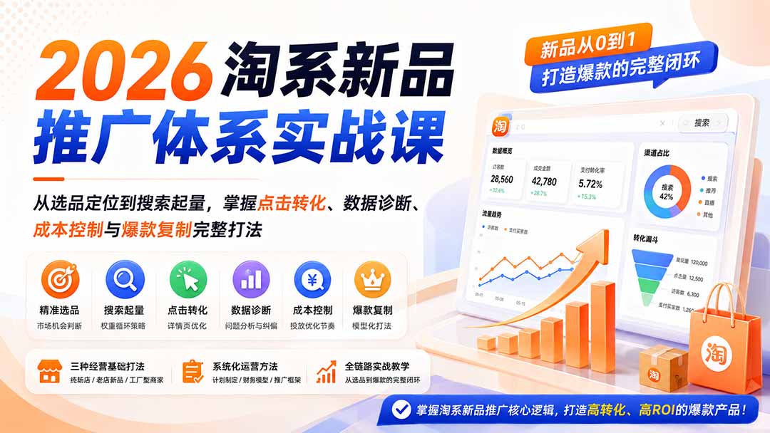 2026淘系新品推广体系实战课：从选品定位到搜索起量，掌握点击转化、数据诊断、成本控制与爆款复制完整打法-泱泱学习社