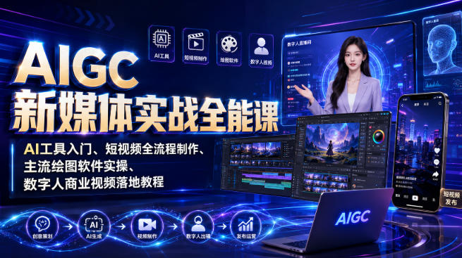 AIGC新媒体实战全能课｜AI工具入门、短视频全流程制作、主流绘图软件实操、数字人商业视频落地教程-泱泱学习社