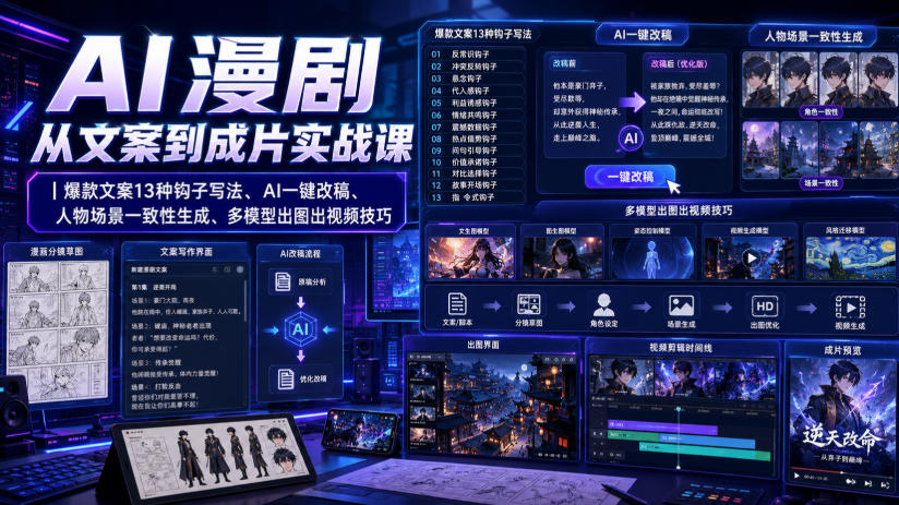 AI漫剧从文案到成片实战课｜爆款文案13种钩子写法、AI一键改稿、人物场景一致性生成、多模型出图出视频技巧-泱泱学习社