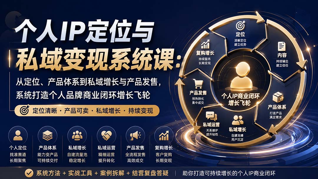个人IP定位与私域变现系统课:从定位、产品体系到私域增长与产品发售,系统打造个人品牌商业闭环增长飞轮-泱泱学习社