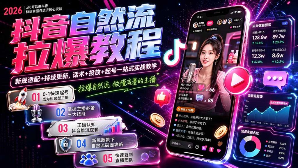 抖音自然流拉爆教程-更新7月：做懂流量的主播，新规适配+持续更新，话术+投放+起号一站式实战教学-泱泱学习社