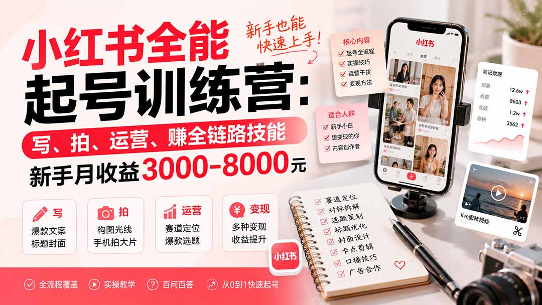 小红书全能起号训练营-更新：写、拍、运营、赚全链路技能，新手月收益3000-8000元-泱泱学习社