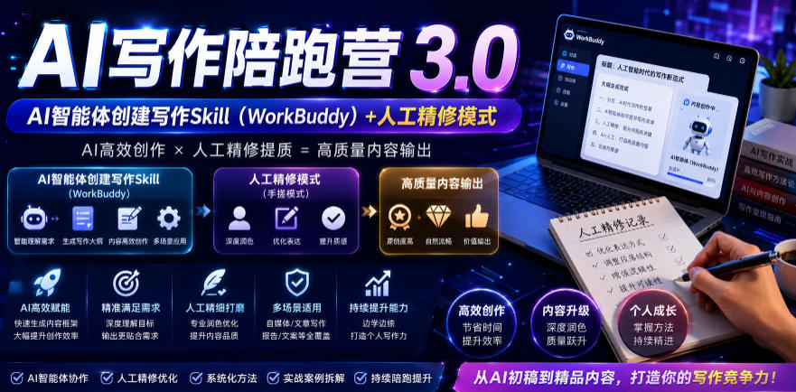 AI写作陪跑营3.0，Ai智能体创建写作skill(workbuddy)+人工手写模式(手搓模式)，去除AI痕迹(头条号、公众号、百家号)(更新0806)-泱泱学习社