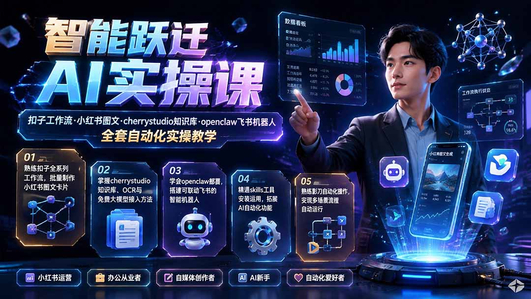 智能跃迁 AI实操课|扣子工作流小红书图文搭建,cherrystudio知识库openclaw飞书机器人全套自动化实操教学-泱泱学习社