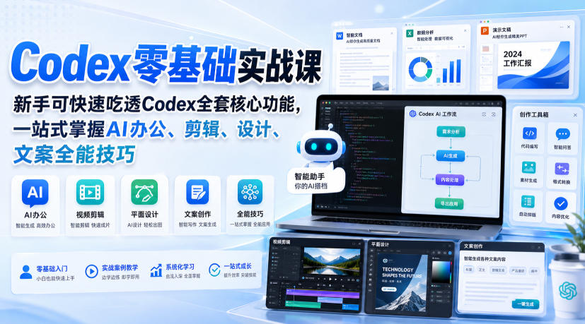 Codex零基础实战课，新手可快速吃透Codex全套核心功能，一站式掌握AI办公、剪辑、设计、文案全能技巧-泱泱学习社