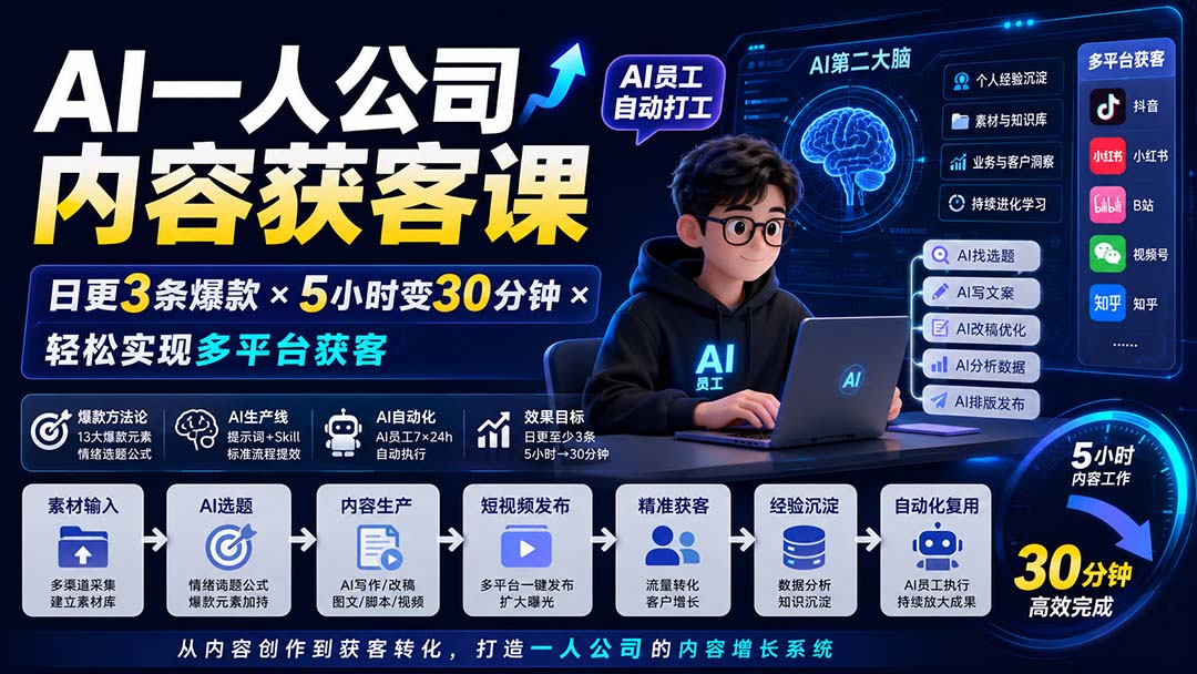 AI一人公司内容获客课-更新8月：日更3条爆款×5小时变30分钟×AI员工自动打工，轻松实现多平台获客-泱泱学习社
