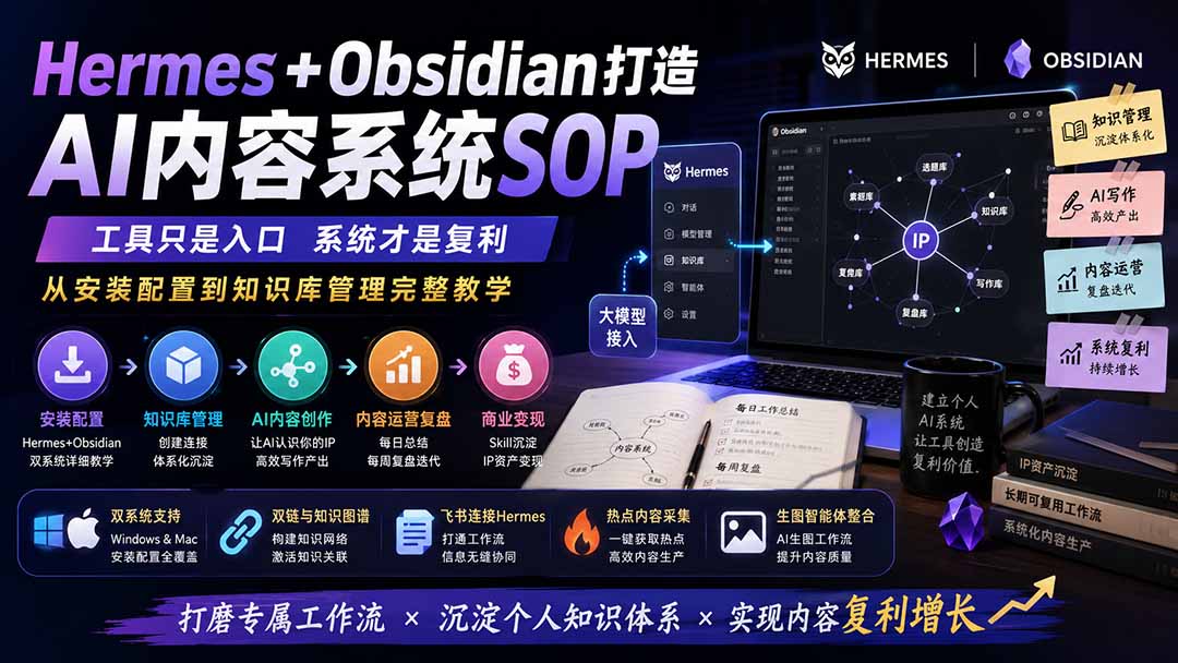 Hermes+Obsidian打造AI内容系统SOP；工具只是入口系统才是复利，从安装配置到知识库管理完整教学-泱泱学习社