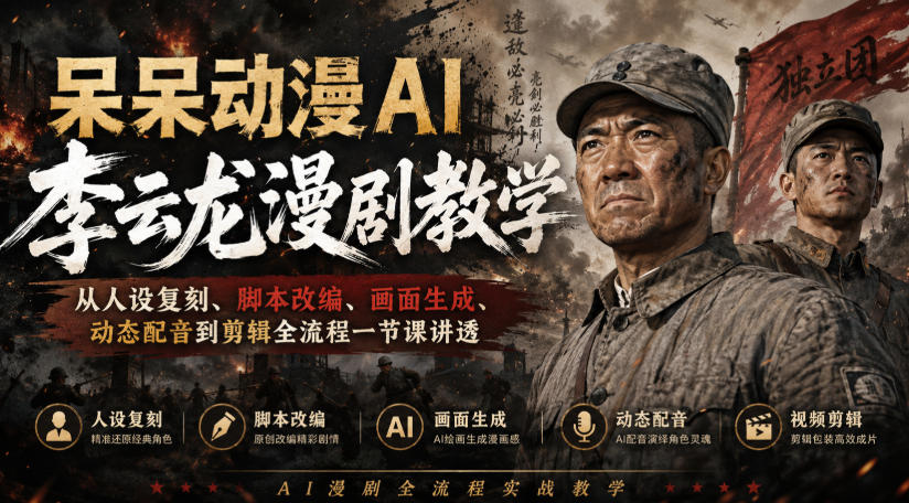 呆呆动漫AI李云龙漫剧教学，从人设复刻、脚本改编、画面生成、动态配音到剪辑全流程一节课讲透-泱泱学习社