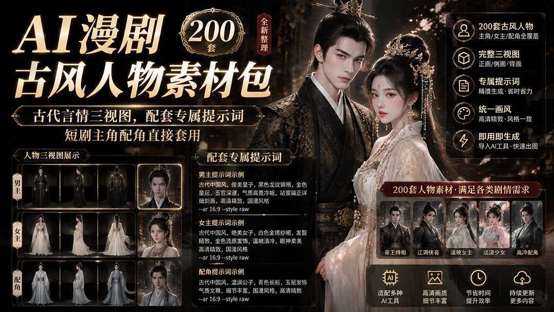 AI漫剧古风人物素材包+提示词｜200 套古代言情三视图，配套专属提示词短剧主角配角直接套用-泱泱学习社