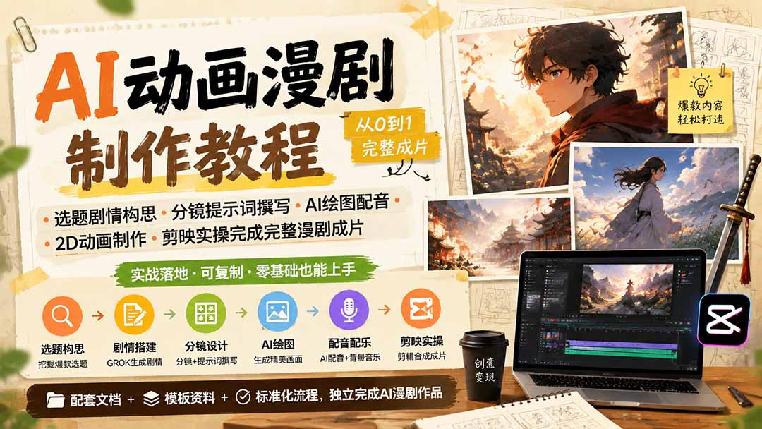 AI动画漫剧制作教程|选题剧情构思·分镜提示词撰写·AI绘图配音·2D动画制作·剪映实操完成完整漫剧成片-泱泱学习社