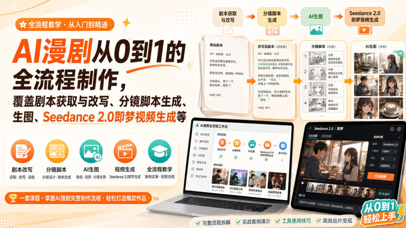 AI漫剧从0到1的全流程制作,覆盖剧本获取与改写、分镜脚本生成、角色场景生图与三视图、Seedance 2.0即梦视频生成(PDF版)-泱泱学习社