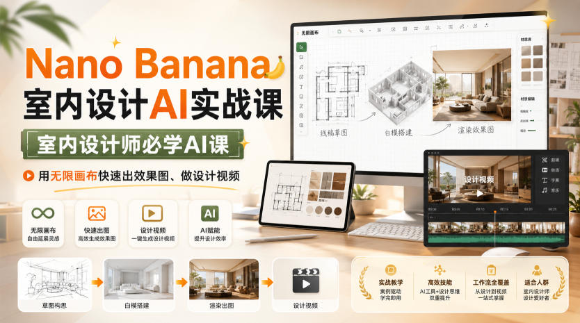 Nano Banana室内设计AI实战课，室内设计师必学AI课，用无限画布快速出效果图、做设计视频-泱泱学习社