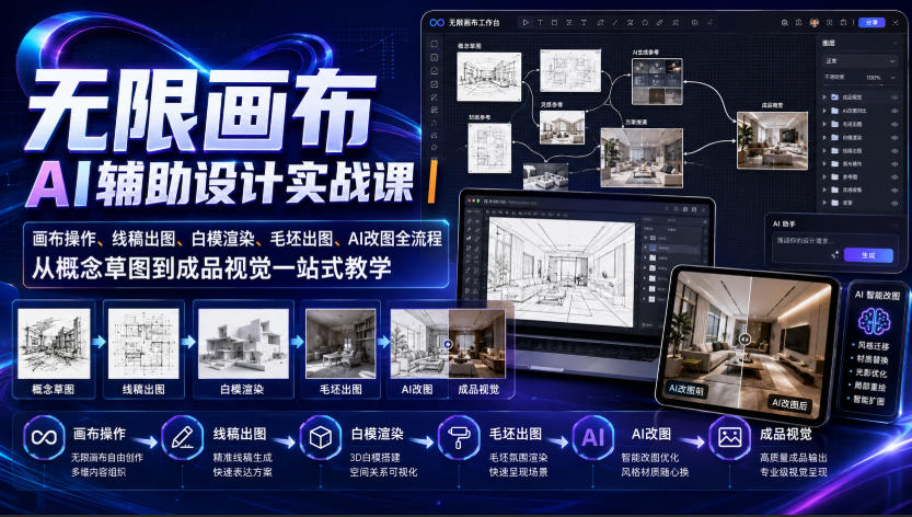 无限画布AI辅助设计实战课｜画布操作、线稿出图、白模渲染、毛坯出图、AI改图全流程，从概念草图到成品视觉一站式教学-泱泱学习社