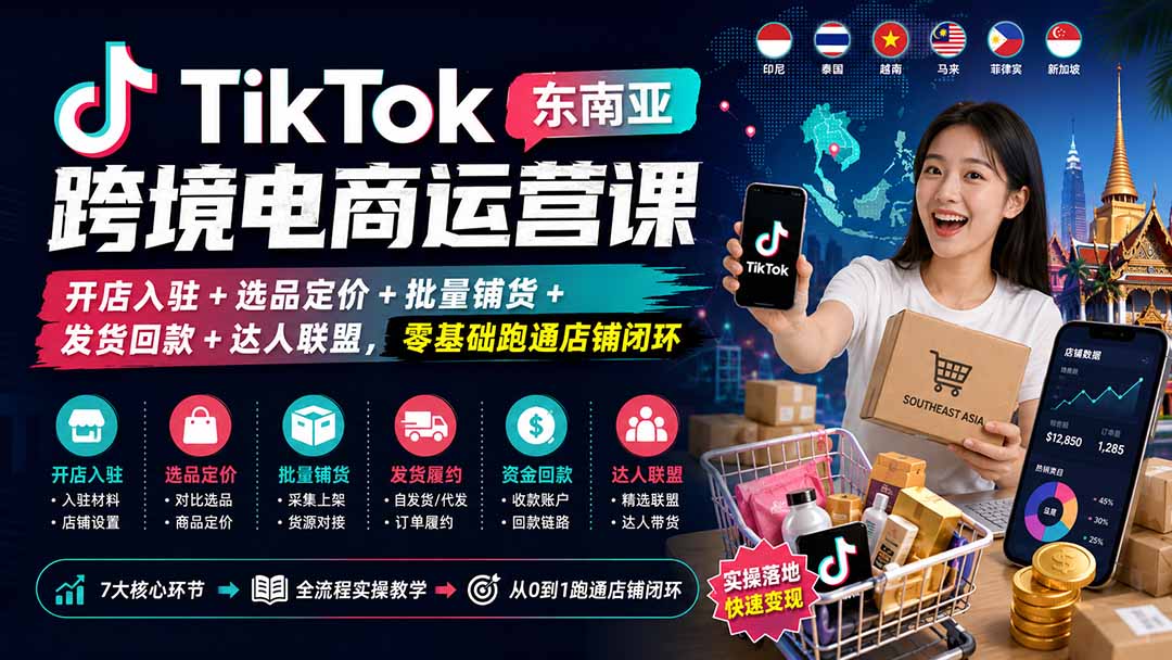 TikTok东南亚跨境电商运营课：开店入驻+选品定价+批量铺货+发货回款+达人联盟，零基础跑通店铺闭环-泱泱学习社