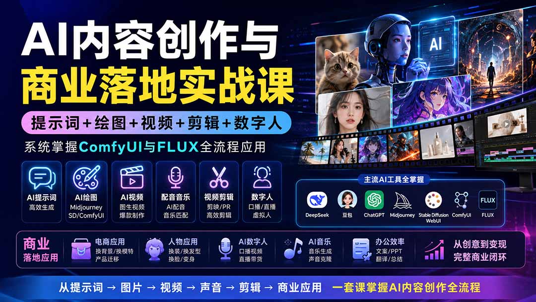 AI内容创作与商业落地实战课:提示词+绘图+视频+剪辑+数字人,系统掌握ComfyUI与FLUX全流程应用-泱泱学习社